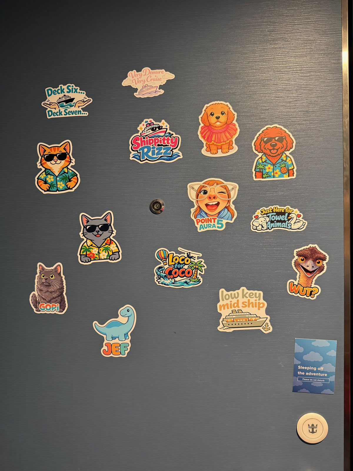 Real cruise cabin door decorated with cruise, pet, and vacation magnets