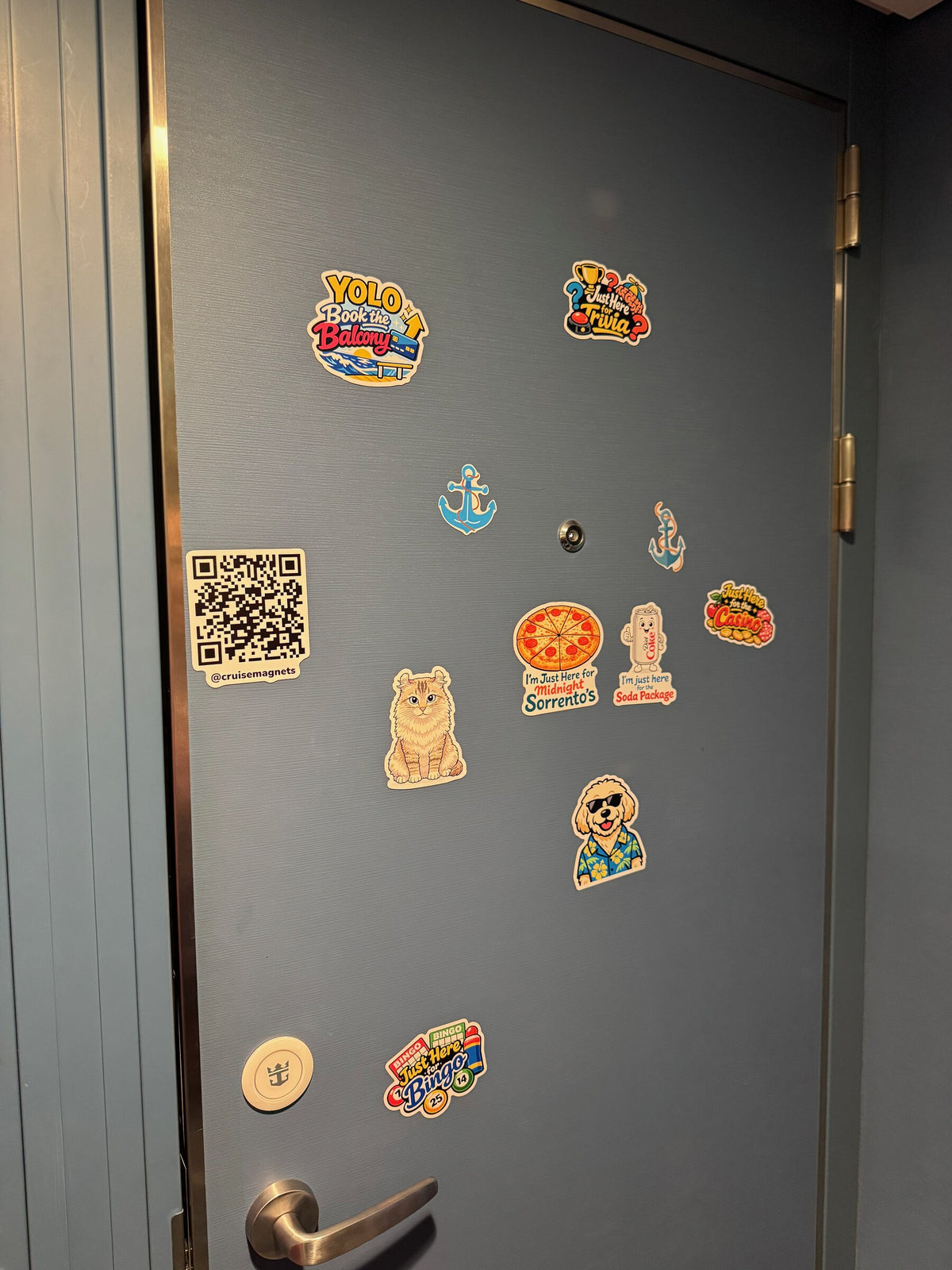 Real Royal Caribbean cabin door decorated with cruise and pet magnets