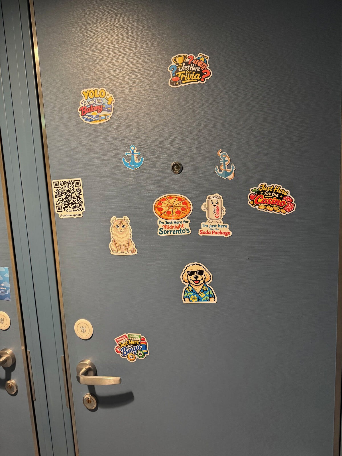 Full cruise cabin door decorated with colorful cruise magnets