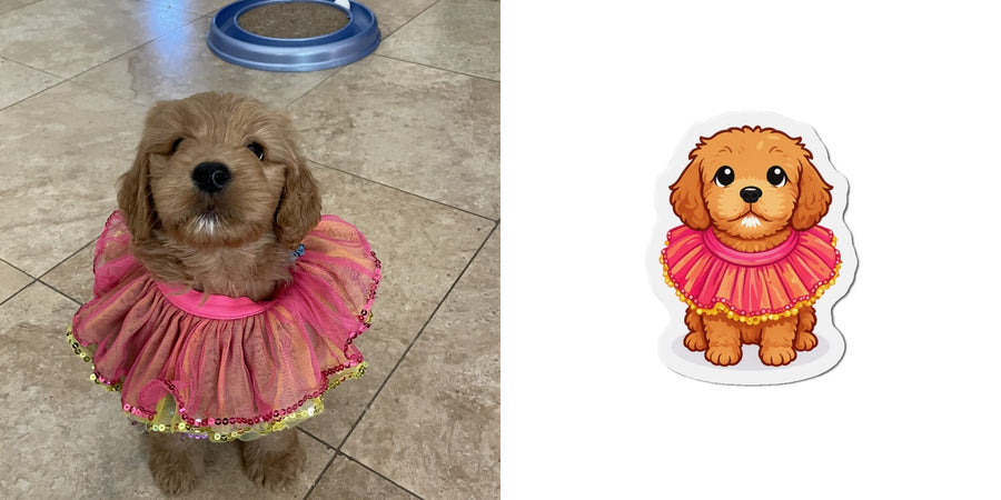 Puppy wearing a pink tutu beside its matching magnet