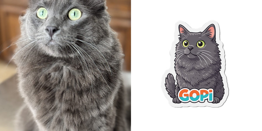 Gray cat photo beside a custom magnet named Gopi