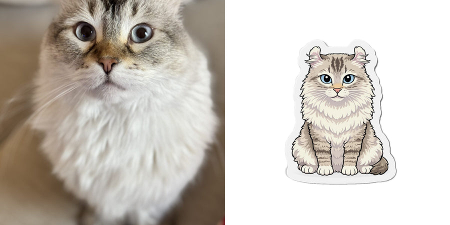 A blue-eyed cat photo beside its matching magnet