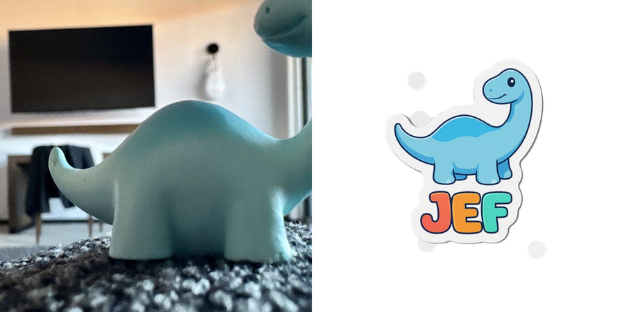 Toy dinosaur photo beside a custom magnet named Jef