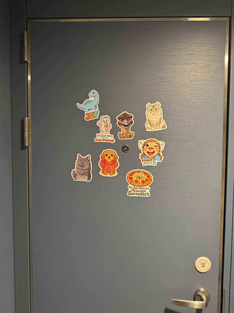 CruiseMagnets photographed on a Royal Caribbean cabin door, arrangement 1