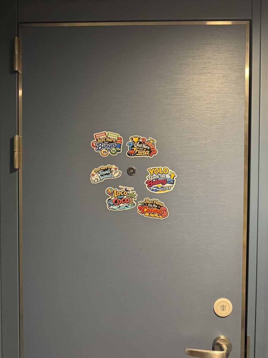 CruiseMagnets photographed on a Royal Caribbean cabin door, arrangement 2