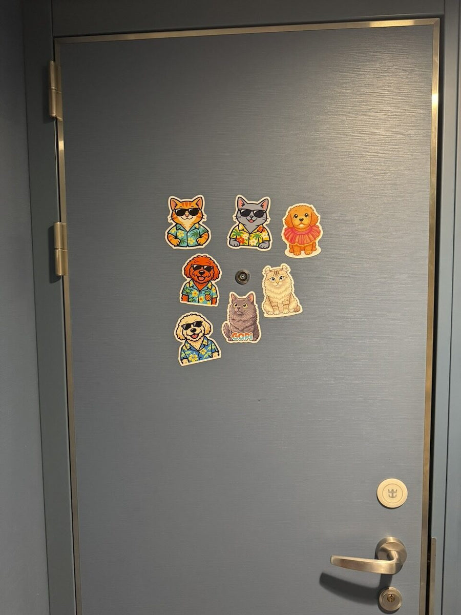 CruiseMagnets photographed on a Royal Caribbean cabin door, arrangement 3